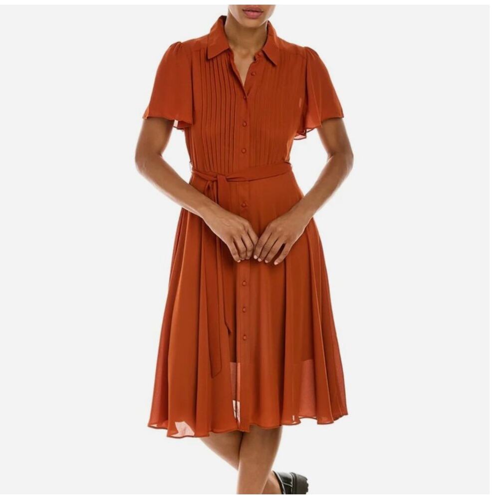 Nanette Lepore Burnt Orange Pleated Pintuck Midi Collared Shirt Dress Size 6